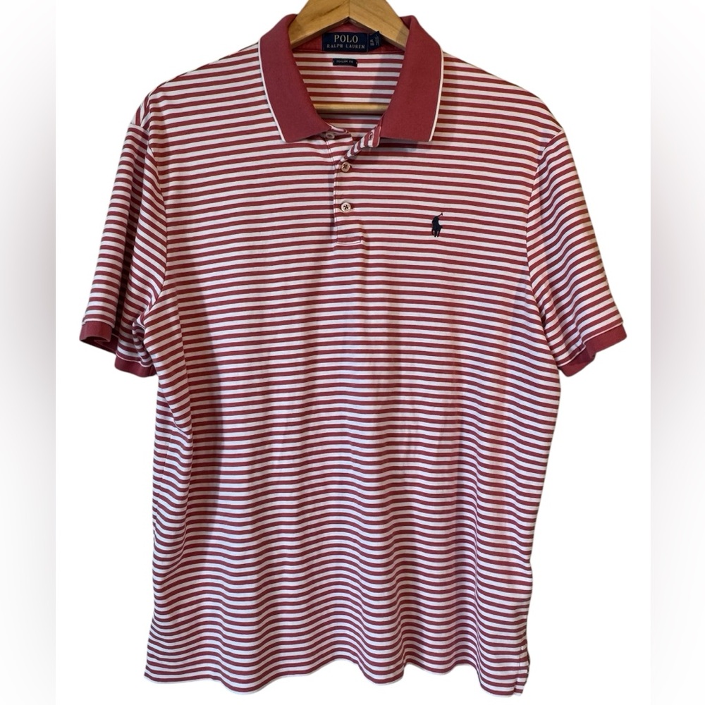 Polo Ralph Lauren Men's XLarge Salmon Pink & White Striped Collared Polo Shirt